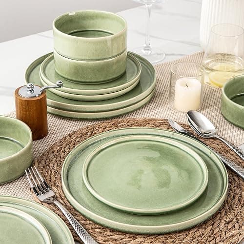 AmorArc Ceramic Dinnerware Set for 6, 18 Pieces Handmade Reactive Glaze Stoneware Plates and Bowls, Scratch Resistanct | Dishwasher & Microwave Safe Stackable Dishes Set - Oliver Green - Service for 6 thumbnail 5