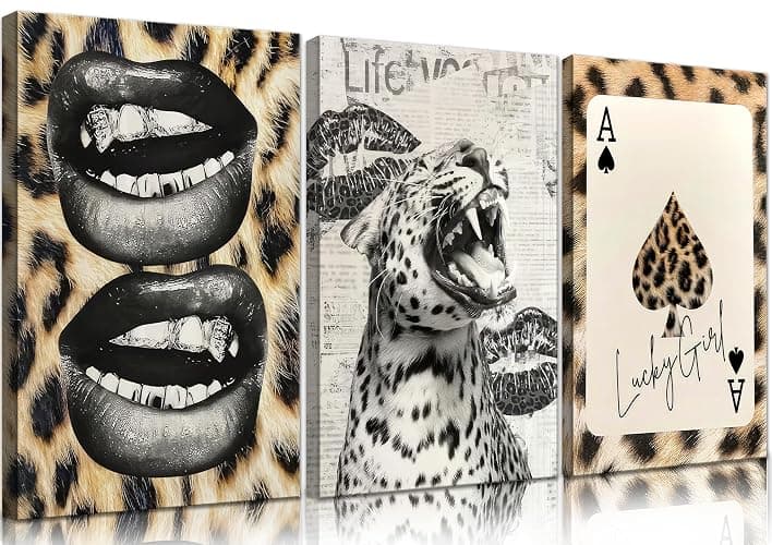 3Pcs Trendy Cheetah Roaring Canvas Wall Art Leopard Lucky Girl Poker Lips Painting Picture Wall Decor Funky Preppy Poster Print Artwork for Bedroom Girly Room Living Room Apartment Home Decoration - Image 1