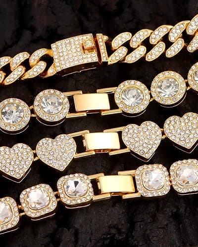 shopbyskyler 4PCS Gold Bracelets for Women Silver Clustered Tennis Bracelet for Women Heart Round Diamond Cuban Bracelet Layered Link Bracelet Set Fashion Jewelry for Women Set thumbnail 4