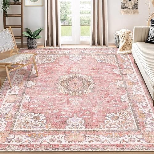Castage 8'x10' Area Rugs Washable,Pink Rug for Living Room Bedroom Dining Room,Large Boho Vintage Bohemian Distressed Oriental Carpet Non Slip,Blush Floral Flowers - Image 1