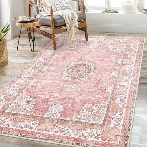 Castage Pink Rug 3'x5',Washable Area Rugs for Bedroom Living Room Kitchen Entryway Bedside,Small Boho Vintage Bohemian Distressed Oriental Non Slip Carpet,Blush Floral Flowers - Image 1