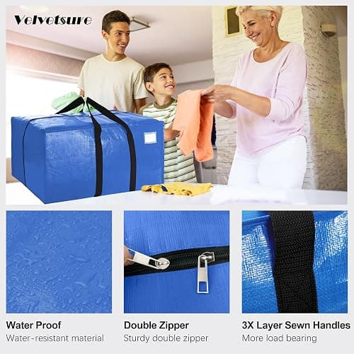 VELVETSURE Heavy Duty Extra Large Moving Bags W/Backpack Straps - Strong Handles & Zippers, Storage Totes For Space Saving, Fold Flat, Alternative to Box and Bin (Set of 6, Multicolor) thumbnail 3