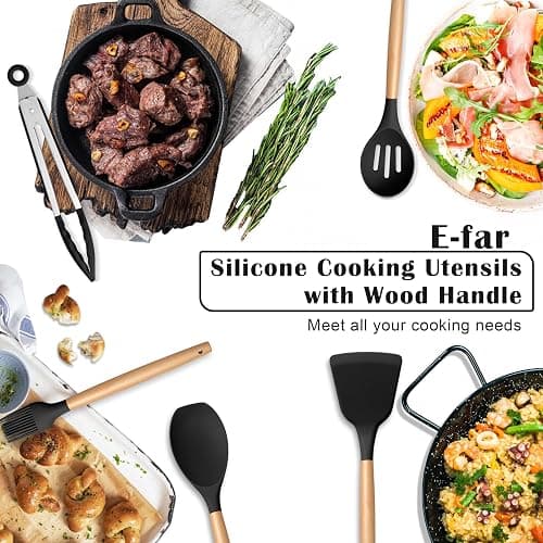E-far Black Kitchen Utensils Set with Holder, 25-Piece Silicone Cooking Utensil Set with Wooden Handle for Nonstick Cookware, 446°F Heat Resistant Kitchen Tool Spatula Tongs Whisk, Non-toxic & Healthy thumbnail 7