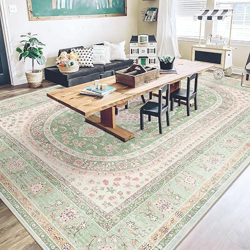 Castage 9x12 Area Rugs Washable,Green Rug for Living Room Bedroom Dining Room,Large Boho Vintage Bohemian Distressed Oriental Carpet Non Slip,Sage Blush Floral thumbnail 4