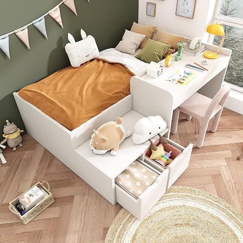 Merax Bunk Beds, Kids Single Wooden Storage Bed with Desk and Drawers, with Slatted Frame, Lying Surface for Teenagers & Adults, White, 90 x190 cm thumbnail 3