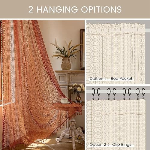 WAZZIO Burnt Orange Curtains Sheer 45 Inch Length Bedroom Short Small Cafe Rod Pocket Vintage Fall Privacy Let Light in Cotton Lace Boho 2 Panel, Terracotta thumbnail 9