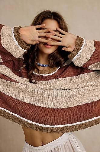 Fnortc Women's Chunky Knit Striped Sweaters Casual Long Sleeve Crew Neck Oversized Pullover Sweater Winter Fall Spring Tops thumbnail 5