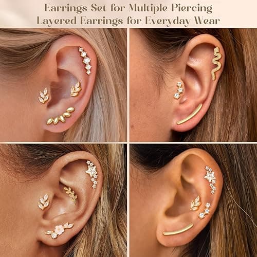 ZELORES 9Pcs Flat Back Cartilage Earrings for Women Trendy 16G Tragus Conch Helix Piercing Jewelry Stainless Steel Snake Star CZ Flat Back Stud Earrings Set thumbnail 3