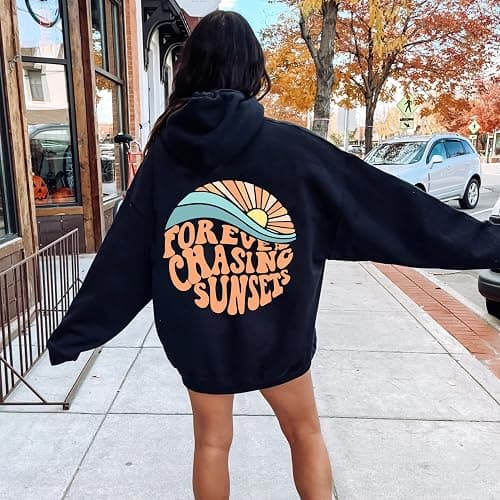 Forever Chasing Sunsets Hoodie Aesthetic Words On Back Cute Trendy Pullover Gifts thumbnail 6