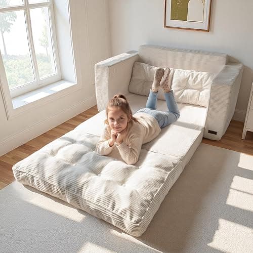 MAXYOYO Convertible Sofa Bed, Pull Out Loveseat Sofa Couch | 2 in 1 Folding Couch Bed, Fold Out Floor Couch with Pillows for Living Room Bedroom Lounge, Beige thumbnail 2