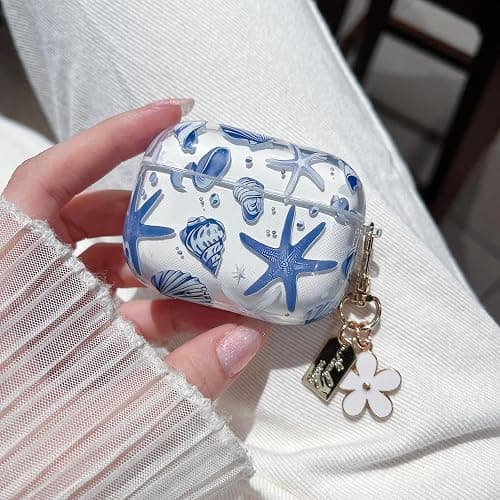 MINSCOSE Compatible with AirPods Pro 2nd/1st Generation,Cute Beautiful Seashell and Starfish Pattern Design with Keychain, Soft TPU Protective Shockproof Cover for AirPods Pro/Pro 2-Blue thumbnail 3