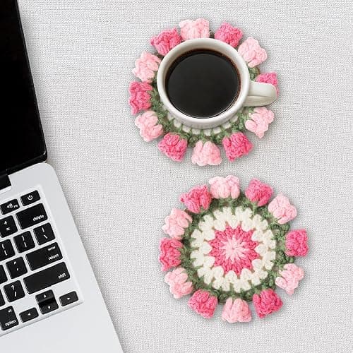 Vane Oak Flower Crochet Coasters, Handmade Bouquet Blanket Coaster with Crochet Plant Pot Fun Soft Decorative Drink Coasters for Coffee Tabletop Protection and Home Decor (Pink, 1Pc) thumbnail 2