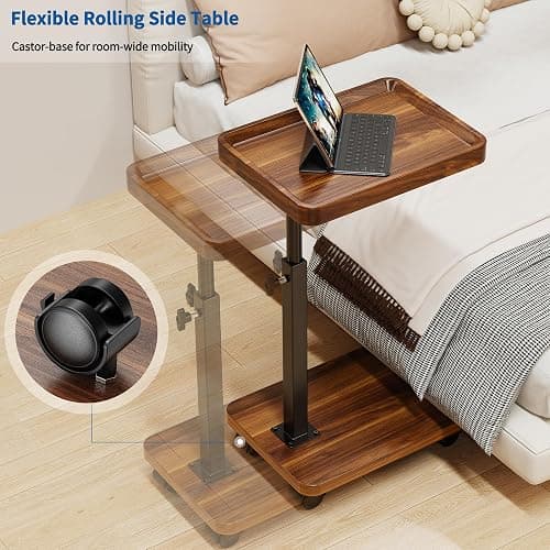 SJIE C Table End Table Adjustable Height, 360°Swivel TV Tray Table for Small Spaces, Side Tables with Wheels for Living Room and Bedroom, Bed (Walnut) thumbnail 4