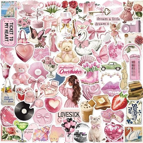 100 Pack Vintage Pink Girls Stickers, Coquette Pink Aesthetic Stickers, Scrapbook Stickers, Vinyl Waterproof Stickers, Cute Stickers for Luggage Scrapbook Skateboard Guitar Water Bottle Decoration - Image 1