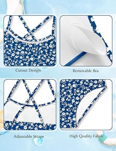 TyeSmo Girls Swimsuit Two Piece Cross Back Bikini Cutout Bathing Suit for Girls Adjustable Straps Swimwear 9-16Y thumbnail 5