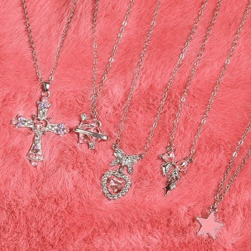 LIRUNQIN 5PCS Gyaru Y2K Necklace Set - Gothic Cross, Pink Indie Jewelry, McBling Aesthetic Accessories for Women, Scene, and 2000s Style thumbnail 5