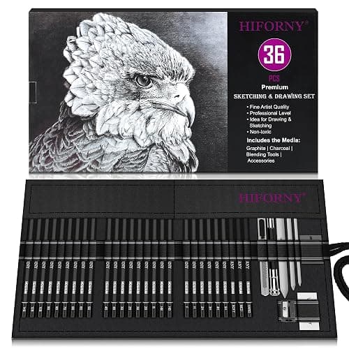 HIFORNY 36 PCS Sketching Drawing Pencil Set,Sketch Pencils Art Supplies with Graphite,Charcoal,Blending Tools,Accessories,Drawing Kit for Adults Artists in Canvas Roll Up Case - Image 1