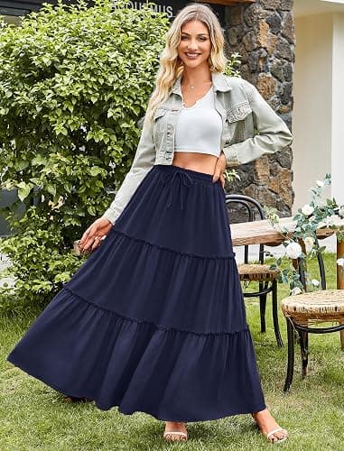 Arolina Women's Summer Maxi Skirt Trendy High Waist Pleated Ruffle Long Skirts Flowy Beach Boho Skirt Dress with Pockets thumbnail 3