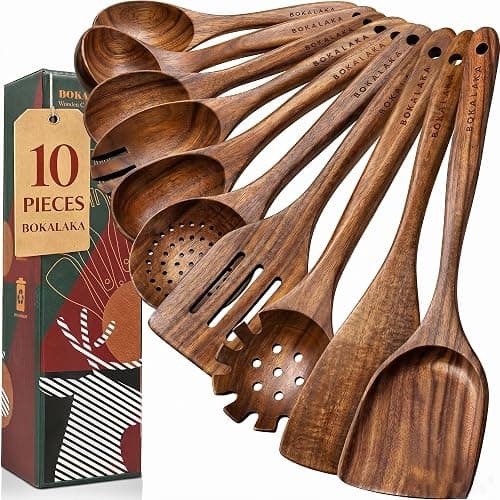 Wooden Spoons for Cooking,10 Pcs Natural Teak Wooden Kitchen Utensils Set Wooden Utensils for Cooking Wooden Cooking Utensils Wooden Spatulas for Cooking (10) - Image 1