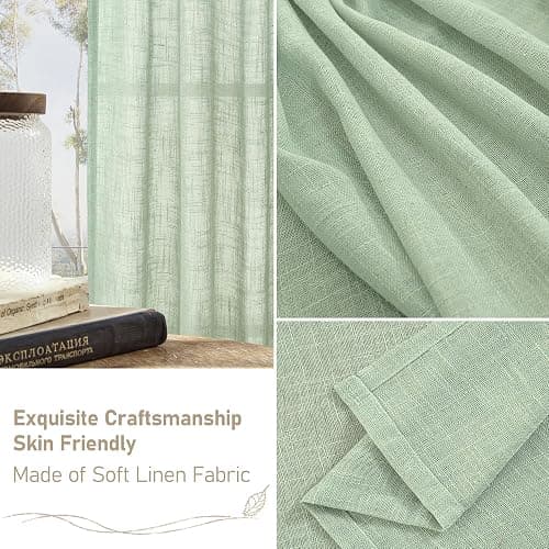 LAMIT 95 Inches Long Fresh Green Linen Curtains for Living Room, Back Tab and Rod Pocket Semi Sheer Curtains Light Filtering Farmhouse Drapes for Bedroom/Dining Room, Set of 2, 52 x 95 Inch thumbnail 7