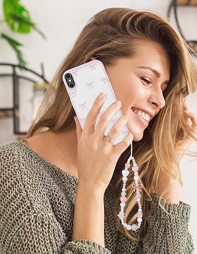 Jusy Compatible with iPhone X/XS Case, Cute Clear Ribbon Bowknot Pattern Aesthetic Soft TPU Transparent Cases Protective Phone Cover for Women Girly with Bracelet Chain - Pink - iPhone X/XS thumbnail 7