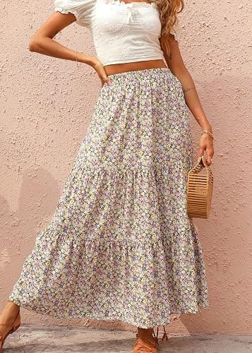 KIRUNDO Women 2026 Spring Summer High Waist Boho Floral Maxi Skirt Trendy Casual Flowy Swing Pleated A Line Beach Long Skirts thumbnail 4