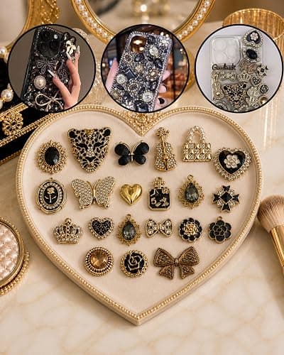AVELICE Junk Case Large Charm Kit, Glam Black Phone Case Charms with Black Rhinestone Leopard Head,Blackk Rhinestone Butterflies&Black Alloy Flower for DIY Girls & Social Media Crafting thumbnail 3