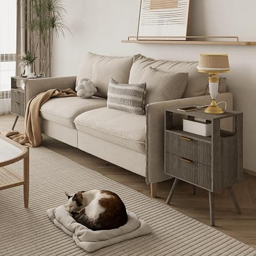 JOONEE Nightstand with Charging Station and LED Lights,Modern Bedside Table with 2 Storage Drawer and Open Wood Shelf, for Bedroom and Small Spaces,Night Stand with Solid Wood Legs,GreyOak thumbnail 3