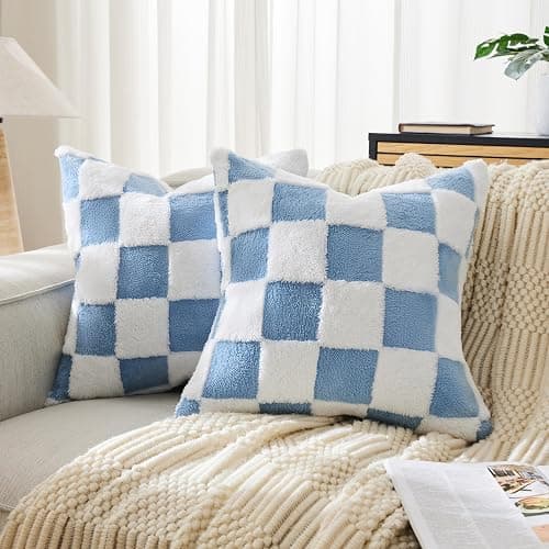 Ohocut Checkered Jacquard Shag Throw Pillow Covers, Pack of 2 Fluffy Blue Cute Decorative Aesthetic Soft Checkered Throw Pillow Cases for Couch Sofa Bedroom,18x18 Inch - Image 1