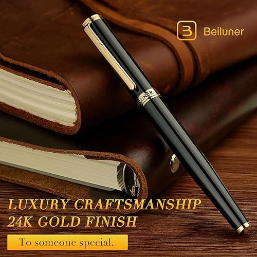 BEILUNER Black Fountain Pen,Stunning Luxury Pens with 24K Gold Accents, Gorgeous 24K Gilded Nib(Extra Fine), Fancy Pen Gift for Men&Women -Ink Converter-Elegant, Reliable,Christmas Presents, Nice Pen thumbnail 4