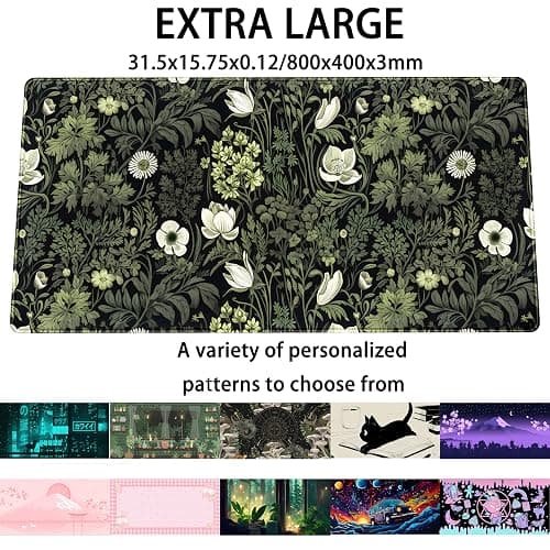Dark Green Floral Plants XXL Gaming Mousepad & Desk Pad - Nature Leaf Flower Laptop Keyboard Mat 31.5 x 15.75 thumbnail 3