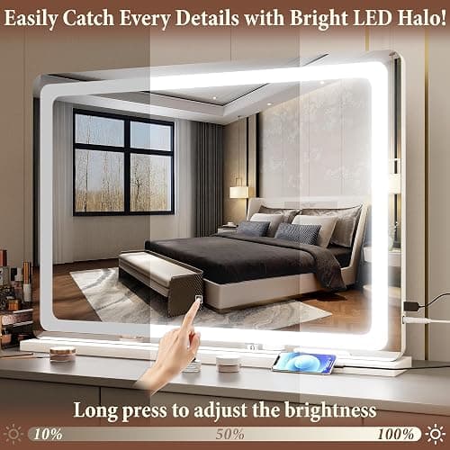 FENNIO Vanity Mirror with Lights 32"x22", Lighted Makeup Mirror, Large Vanity Mirror with Lights, Touch Sensor with 3-Color Lighting, USB Charging Port for Vanity Desk Tabletop thumbnail 3
