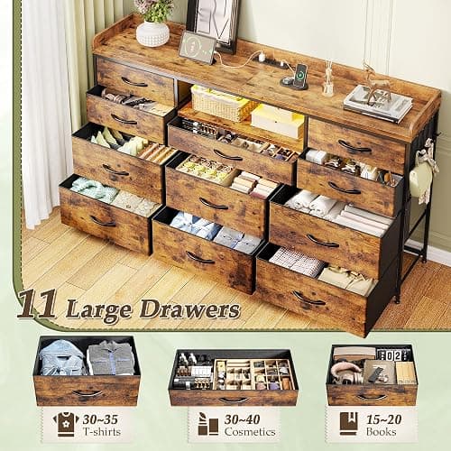 Dresser for Bedroom with LED Lights & Charging Station & 4 Hooks 11 Drawer Dressers & Chests of Drawers Long Fabric Dresser TV Stand for 60 inch TV for Entryway 11.8"D x 47.2"W x 31.5"H Rustic Brown thumbnail 6