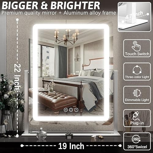 FENNIO Vanity Mirror with Lights 22 Inch- LED Lighted Makeup Mirror,Large Makeup Mirror with Lights,Touch Screen with 3-Color Lighting,Led Mirror Makeup,Dimmable(White) thumbnail 5