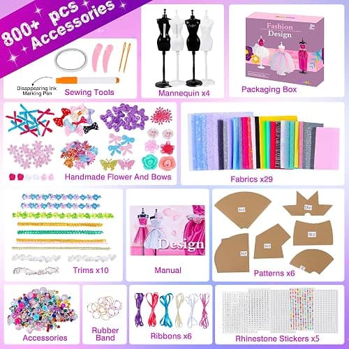 MINIFUN 800+Pcs Fashion Designer Kit for Girls, Sewing Kit with 4 Mannequins, DIY Arts and Crafts Kit for Kids, Doll Clothes Making Kit, Girl Toys for Age 6 7 8 9 10 11 12 Year Old Gifts thumbnail 4