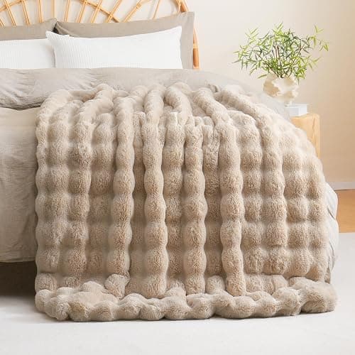 BENVWE Faux Fur Throw Blanket for Couch Bed - Fluffy Soft Thick Bubble Blanket for Living Room Home Decor - Mothers Day Birthday Gifts for Women, Beige, 63" x 80" thumbnail 9