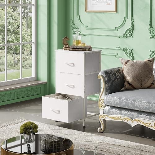 WLIVE Nightstand with 3 Drawers, Fabric Dresser, Organizer Unit, Storage Dresser for Bedroom, Hallway, Entryway, Closets, Sturdy Steel Frame, Wood Top, Easy Pull Handle, White thumbnail 4