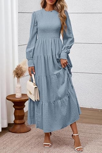 PRETTYGARDEN Women's Long Sleeve Maxi Dresses 2025 Fall Casual Smocked Trim Neck Swiss Dot Tiered Flowy Wedding Guest Dress thumbnail 7