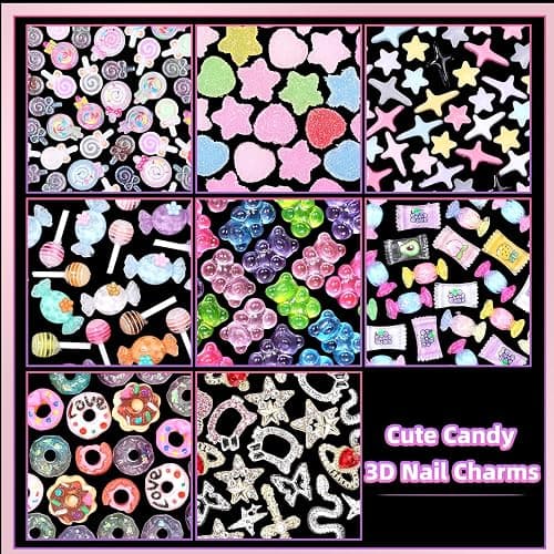 3D Mix Nail Charms Kit, Lollipop Nail Art Charms, Color Cute Gummy Bear Donut Star Heart Acrylic Nail Charm, Alloy Cross Star Butterfly Snake Crown Nail Gems Rhinestones Charms DIY Crafts Decor thumbnail 3