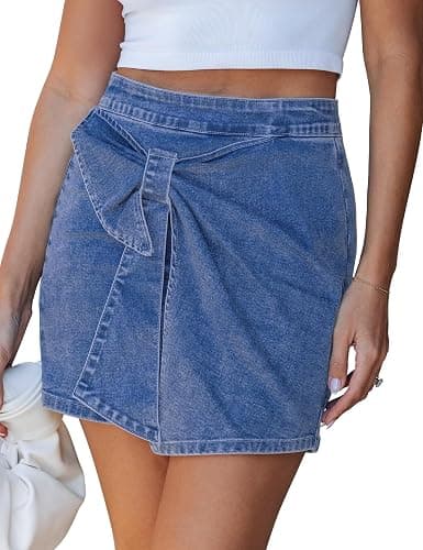 luvamia Jean Skorts for Woman High Rise Mini Skirt Bow Short Stretch Denim Skirts with Shorts Underneath Country Concert - Image 1