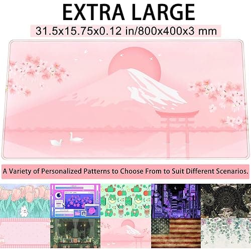 Cherry Blossom Mouse Pad Kawaii Pink Floral Desk Mat, Japanese Pastel Sakura Large Anime Gaming Mousepad XXL, Cute Aesthetic Mount Fuji Japan Keyboard Mats for Women Office Desk Pads 31.5"x15.75" thumbnail 2