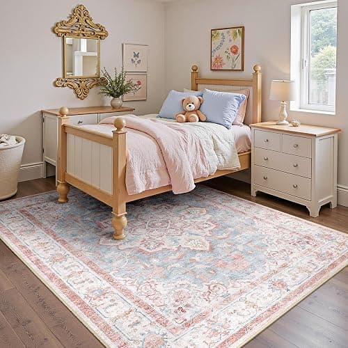 CAPALOCA Machine Washable Rugs Nursery Rug 5x7 Cute Girl Non Slip Low Pile Water Repellent Soft Print Pattern for Bedroom Indoor Decor Kids Playroom Pinkblue thumbnail 2