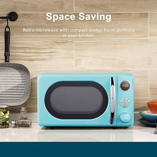 Galanz GLCMKA07BER-07 Retro Microwave Oven, LED Lighting, Pull Handle Design, Child Lock, Bebop Blue, 0.7 cu ft thumbnail 5