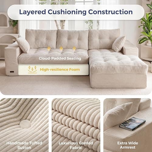 MAXYOYO 104" L Shaped Modular Sectional Sofa with Ottoman, Cloud Boneless Couch with Layered Cushion, Upholstered Sofa in a Box, Flexible Module Combination for Living Room, No Assembly, Beige thumbnail 5
