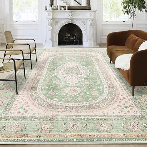 Castage 9x12 Area Rugs Washable,Green Rug for Living Room Bedroom Dining Room,Large Boho Vintage Bohemian Distressed Oriental Carpet Non Slip,Sage Blush Floral thumbnail 2