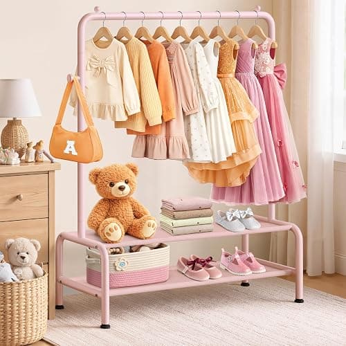 mirolam Kids Clothing Rack - Dress Up Storage - Dress Up Rack for Little Girls - Small Kids Costume Wardrobe with 2 Fabric Shelves - Princess Room Bedroom Decor thumbnail 6