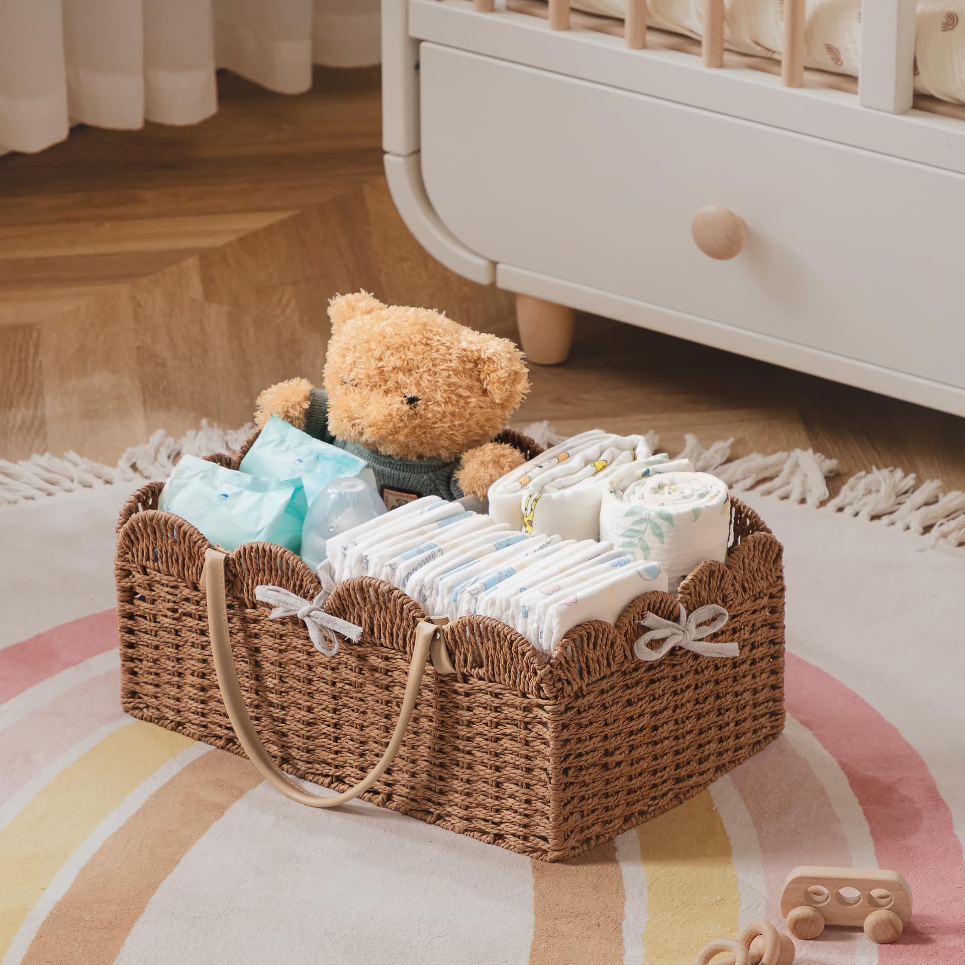 HBlife Large Baby Diaper Caddy, Paper Rope Storage Baskets Nursery Bin with Removable Divider, Portable Car Organizer for Diapers, Baby Shower Gifts, Newborn Essentials Must Haves thumbnail 6