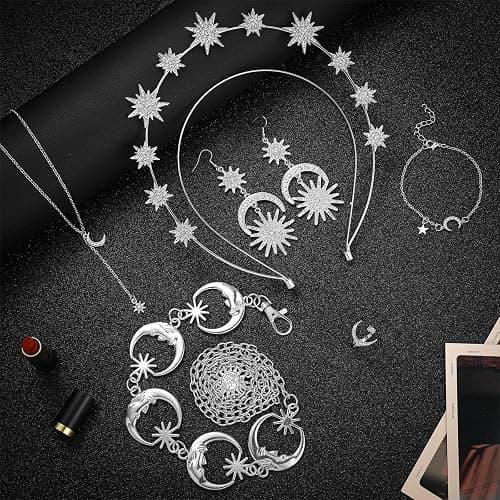 Glenmal 6 Pcs Halloween Crown Moon Star Headband Celestial Earrings Belt Jewelry for Wedding Moon Goddess Costume Accessories thumbnail 7