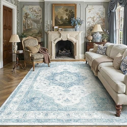 WondRg 8x10 Blue Neutral Area Rug | Washable, Farmhouse, Low Pile, Soft, Non Slip, Accent, for Living RoomBedroom Dining Room Kitchen Nursery House Indoor - Image 1