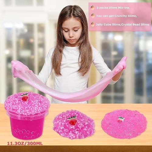 Premade Rose Pink Jelly Cube Glimmer Crunchy Crystal Slime, Includes 4 Sets of Add-ins, Sensory and Tactile Stimulation, Stress Relief, Party Favors for Girls & Boys thumbnail 3